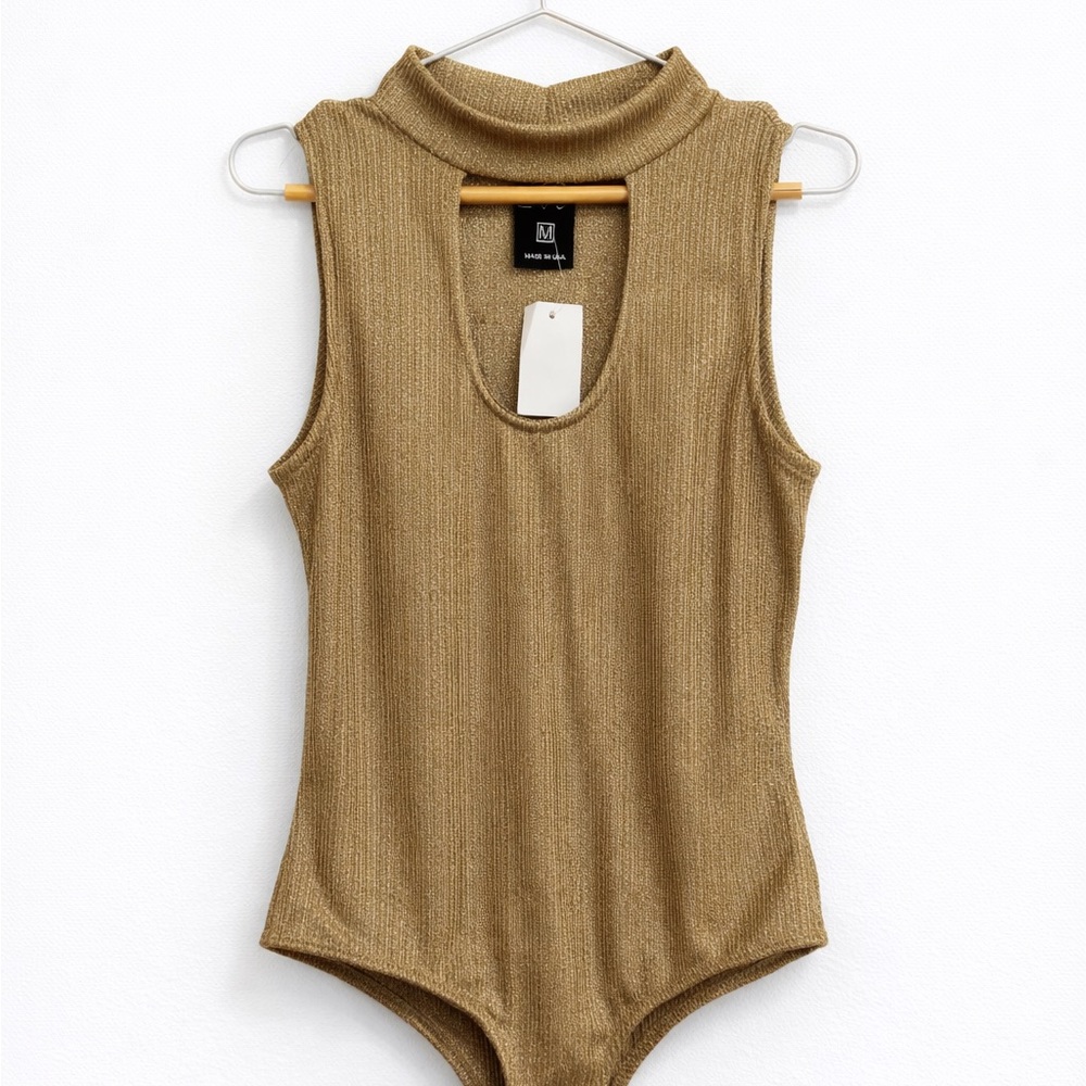 Project 28 NYC Gold Ribbed Cutout Bodysuit NWT Medium